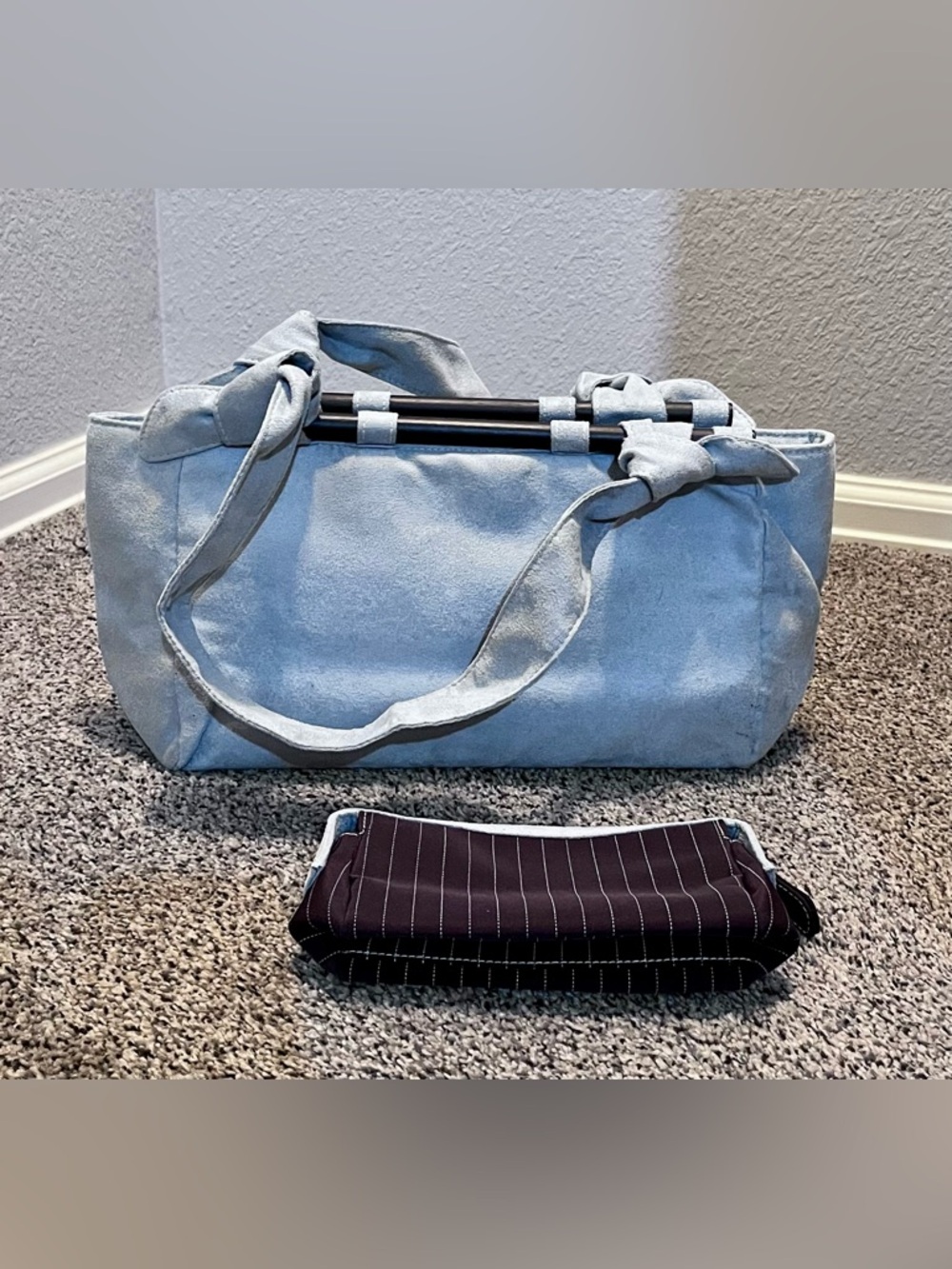 Soft Light Blue Suede Shoulder Bag with Knotted Handles